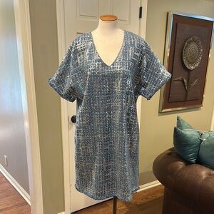 NWT Miss Me Denim Blue Short Sleeve Dress *Pockets* Textured Sequins Sz Large